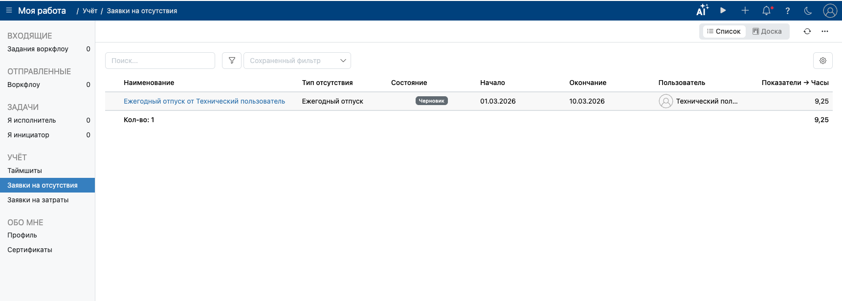 Список заявок на отсутствие в системе